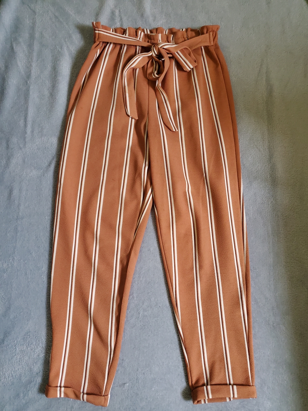 Striped Paperbag Trousers with Self-Tie Belt - Brown